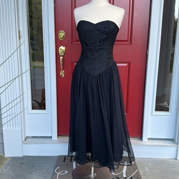 Vintage Lace Chiffon Black Strapless Dress Sz7-8 - Picture 13 of 13